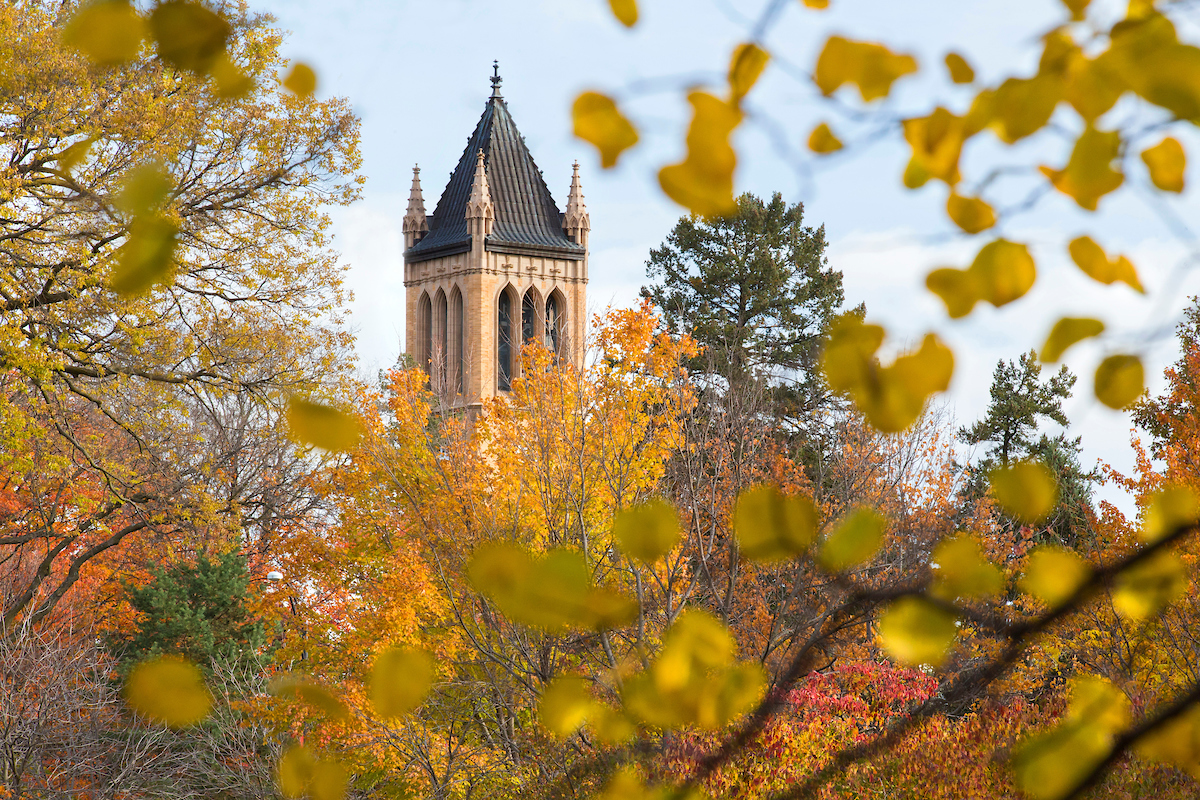 The campanile surrounded by fall colors on campus. (Christopher Gannon/Iowa State University)