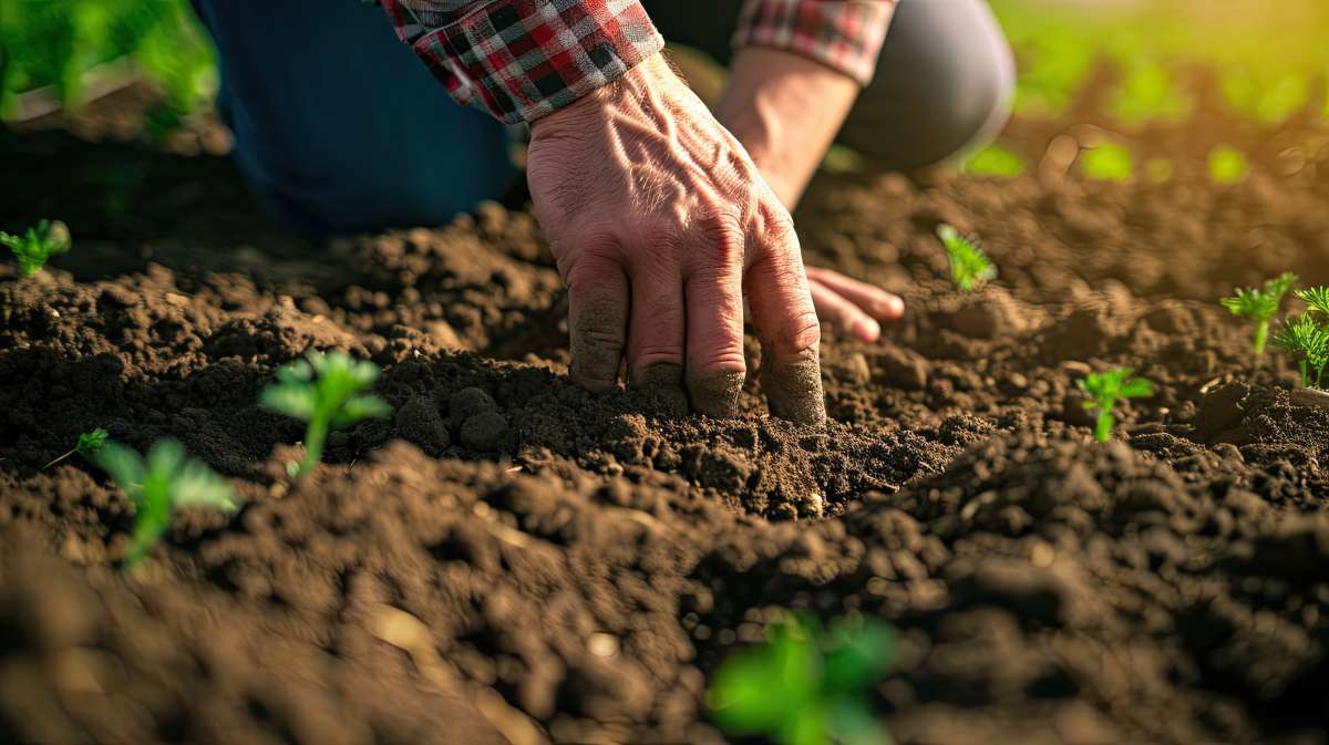 Male hands touching soil on the field. 